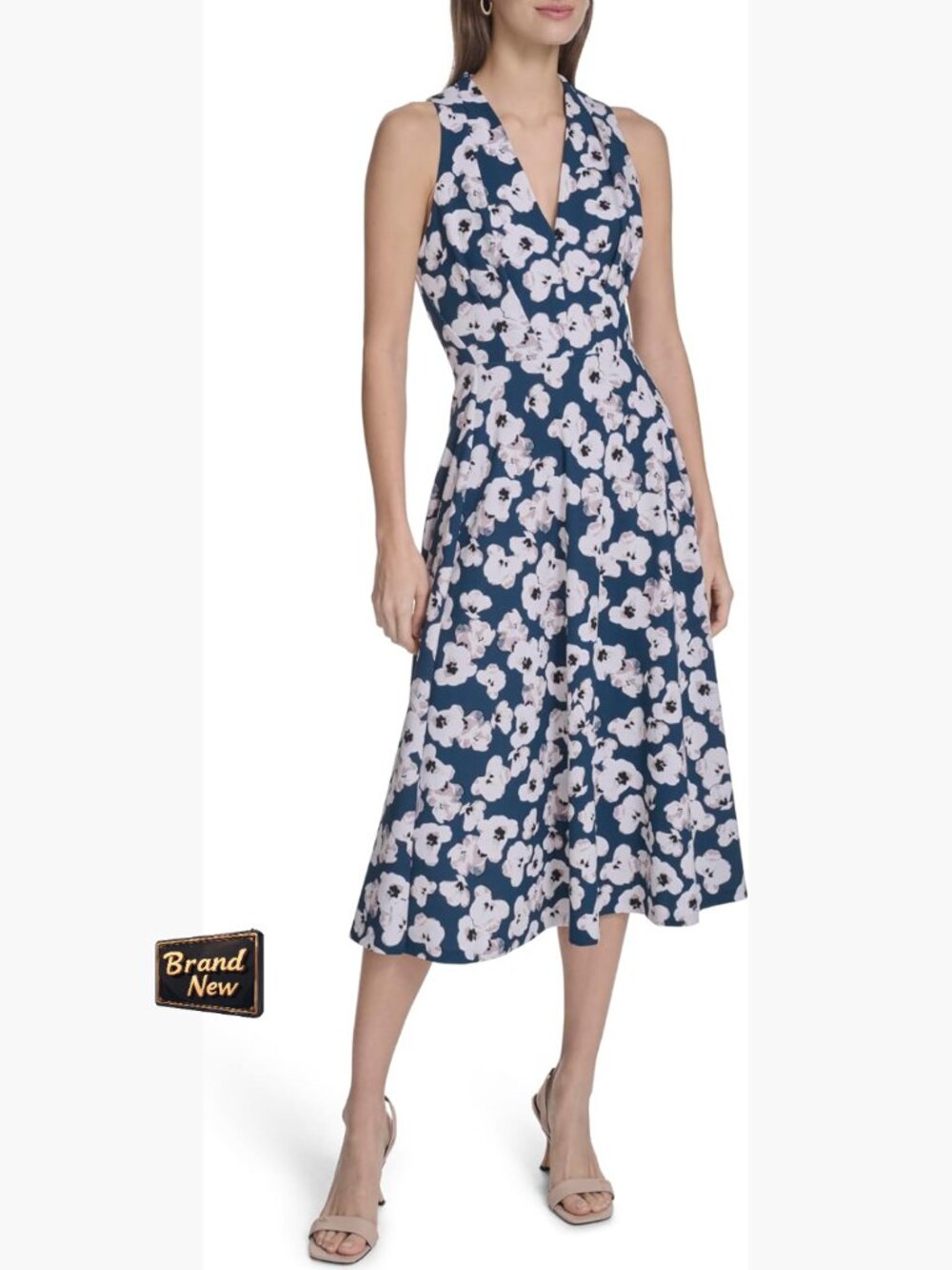 Sleeveless Floral Scuba Crepe V-Neck A-Line Midi Dress